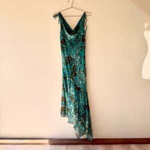 Vintage Euro Y2K Teal Floral Print Asymmetrical Hem Cowl Neck Maxi Dress